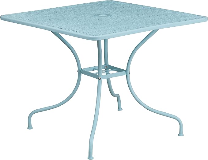 BizChair Commercial Grade 35.5" Square Sky Blue Indoor-Outdoor Steel Patio Table with Umbrella Hole
