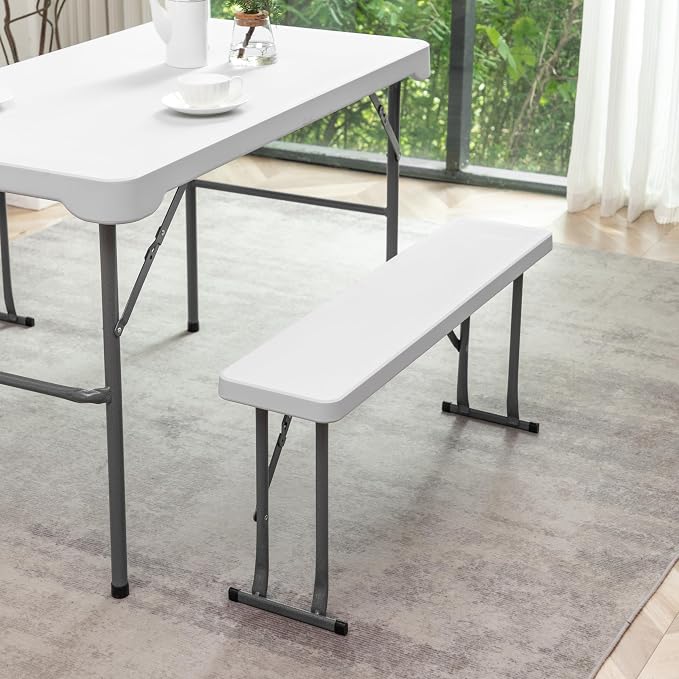 BTEXPERT 3-Piece Set Plastic Portable Folding Beer Picnic Table & Two Benches Seats Foldable Heavy Duty White for Party RV Patio Dining Event Camping Outdoor Activity Commercial Family Home Garden