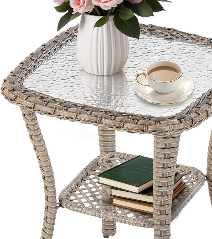 Patio Tables Wicker Side Table, Outdoor End Table with Storage Shelf, Patio Furniture Side Table for Sofa, Swivel Chairs, Garden, Balcony - Light Grey