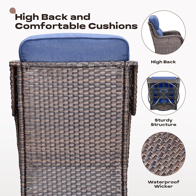 Rilyson Wicker Outdoor Patio Furniture Set - 8 Piece Patio Conversation Sets with Swivel Rocker Chairs, Ottomans, Sofa and Table, 6 inch Cushions, Deep Seating, for Porch Deck Brown/Blue