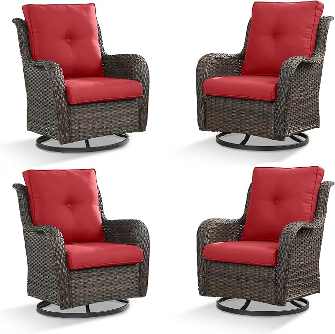 Rilyson Patio Chairs Wicker Outdoor Chair - 4 Piece Rattan Swivel Rocking Chairs Set Patio Glider Rocker Chair for Porch Deck Garden Backyard(Brown/Red)