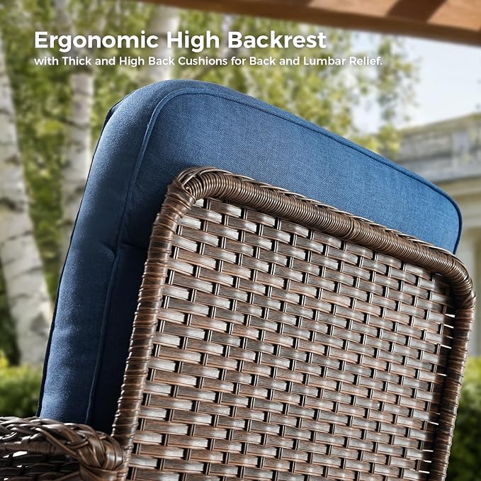Luxury Patio Furniture Set with Swivel Chairs & 6-Inch Thick Cushions, Outdoor High Back Swivel Rocker Patio Chairs, 5PCS Wicker Outdoor Furniture Set for Porch, Yard, Deck, Poolside, Brown/Blue
