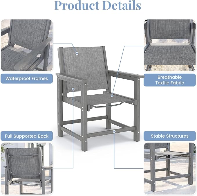 5 Piece HDPE Outdoor Furniture Patio Dining Set, All-Weather Table and Chair Sets with Umbrella Hole Outdoor Dining Table Sets of 4 Textilene Fabric Patio Chairs for Backyard,Poolside,Garden,Deck