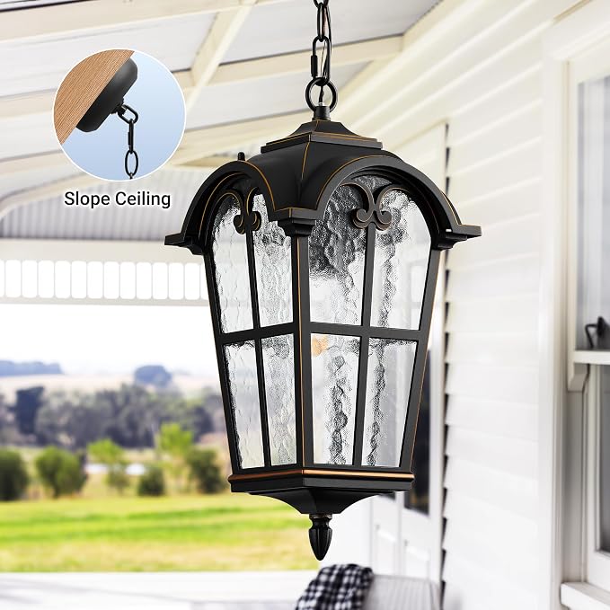 VIANIS Black Large Outdoor Pendant Light, Vintage Outdoor Chandelier with Gold Trim, Outside Hanging Light for Porch, Doorway, Entryway, 100% Aluminum, Anti-Rust Adjustable Length Chandelier