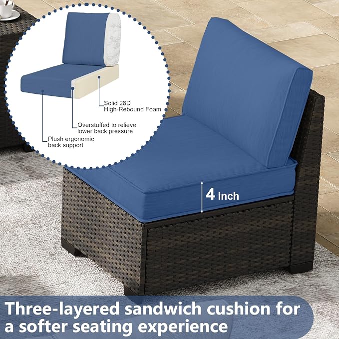 JOYURE 7 Pieces Patio Furniture Set, Outdoor Sofa with Waterproof Cushions, Rattan L Shaped Patio Couch & Coffee Table, Modern Outdoor Furniture for Backyard, Deck, Balcony – Navy