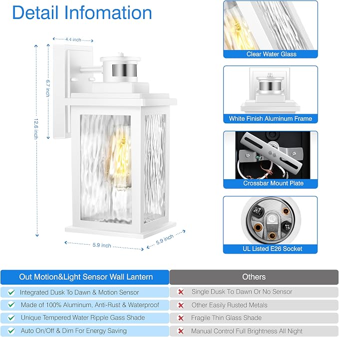 VIANIS Motion Sensor Outdoor Lights, Aluminum Waterproof Porch Lights Outdoor with Water Glass for Porch, Garden, Front Door White Standard Size