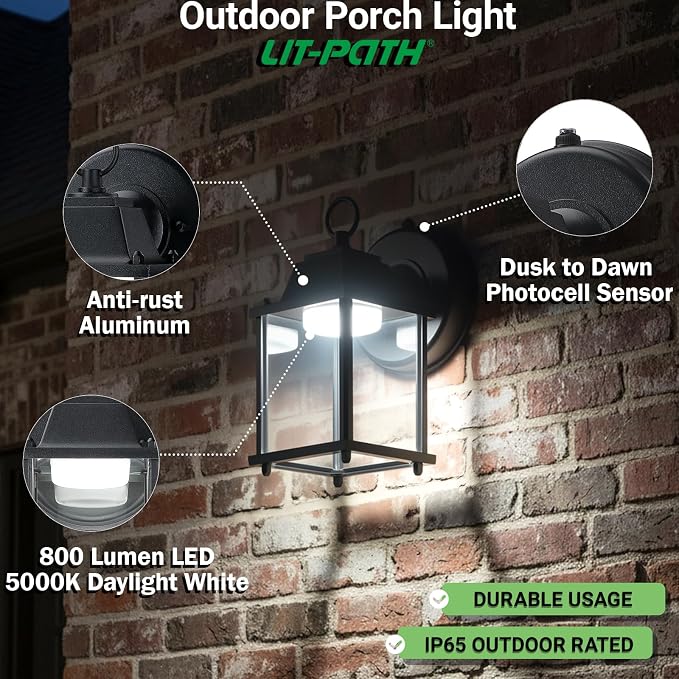 Outdoor Wall Light Fixture Dusk to Dawn, Rustproof Aluminum, LED | Exterior Porch Light Wall Sconce Lantern for House, Patio, Garage, Waterproof, Glass, 9.5W 800 Lumen, 5000K, Black, 1 Pack