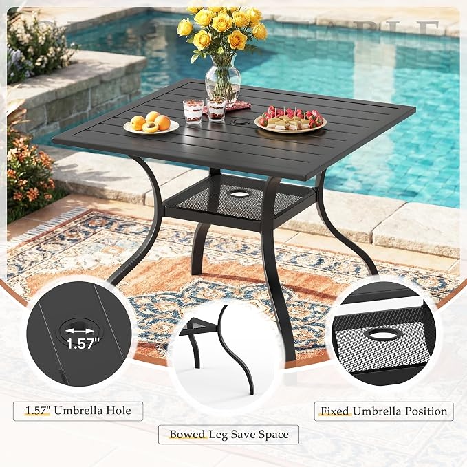 Crownland 5 Piece Patio Dining Set, Textilene Dining Sets, 4 Textilene Metal Chairs and Square Outdoor Dining Table with Dark Blue 9FT Round Outdoor Umbrella (Black)