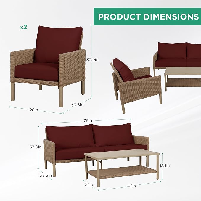 4-Piece Wicker Patio Furniture Set, Outdoor Conversation Set with Coffee Table and Removable Thickened Cushions, Modern Sectional Sofa for Backyard, Garden & Lawn, Red