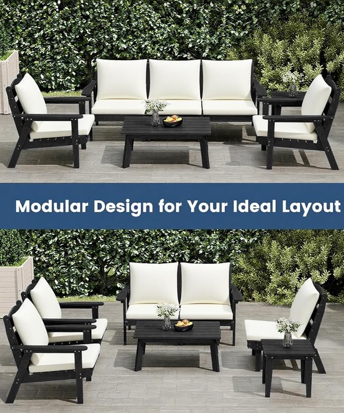 FOOWIN 7-Piece Patio Furniture Set, HDPE All-Weather Outdoor Conversation Set with Thick Cushions, Sectional Patio Sofa Furniture for Deck, Porch, Lawn, Garden, Black Frame & White Cushion
