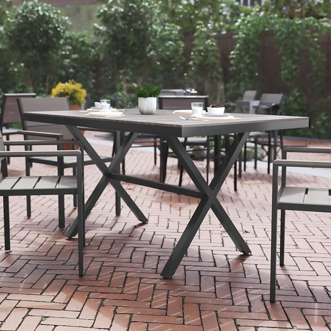Flash Furniture Finch Commercial Grade X-Frame Outdoor Dining Table 59" x 35.5" with Faux Teak Poly Slats and Metal Frame, Gray/Gray