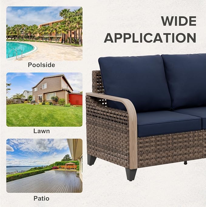 COOS BAY Modern Wicker Outdoor Furniture Set, 3 Piece Patio Conversation Set with a 3 Seat Couch and 2 Ottomans, 3 Piece, Brown/Blue