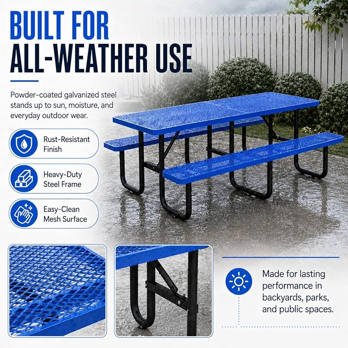 8FT Commercial Outdoor Metal Picnic Table with Umbrella Hole, Heavy-Duty Steel Patio Table & Benches, Seats 8-10 Adults, Weatherproof for Parks, Schools, Campgrounds & Backyards (Blue)