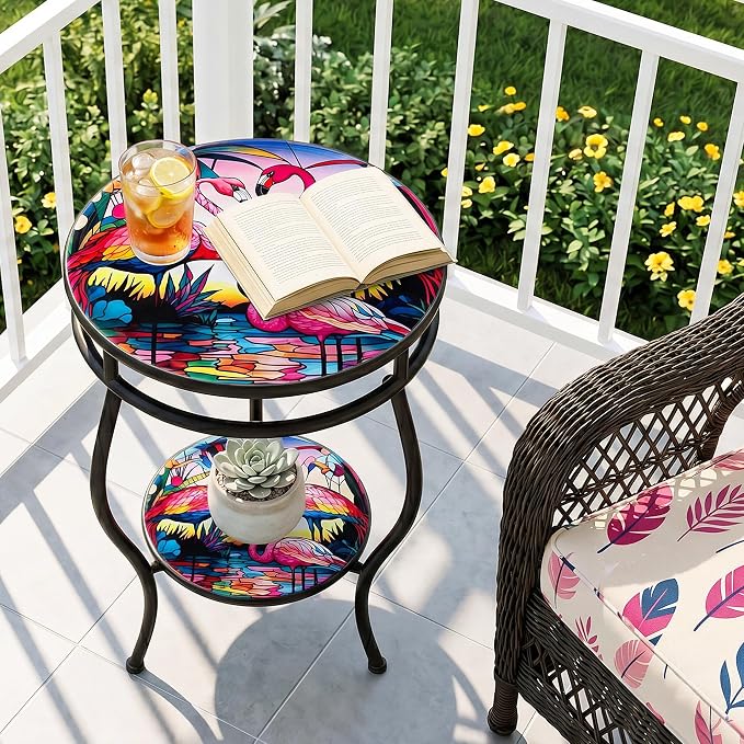 Outdoor Side Table Round with Storage 2-Tier Patio Small Outdoor Table Weather Resistant for Outside Balcony Porch Garden