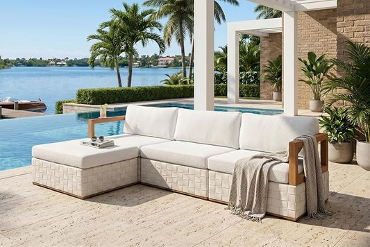 PURPLE LEAF Patio Outdoor Furniture Set 4 Pieces, Premium Leather Outdoor Couch Sectional Sofa, L-Shaped Patio Conversation Sets with Olefin Cushions, Patio Couch for Porch, Balcony, Garden, White