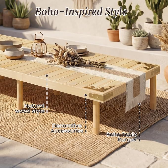 Low Picnic Table with 2 Adjustable Heights – Boho Wooden Picnic Table with Table Runner, 95" x 34" Size for 10, Portable & Foldable for Beach, Camping & Forest