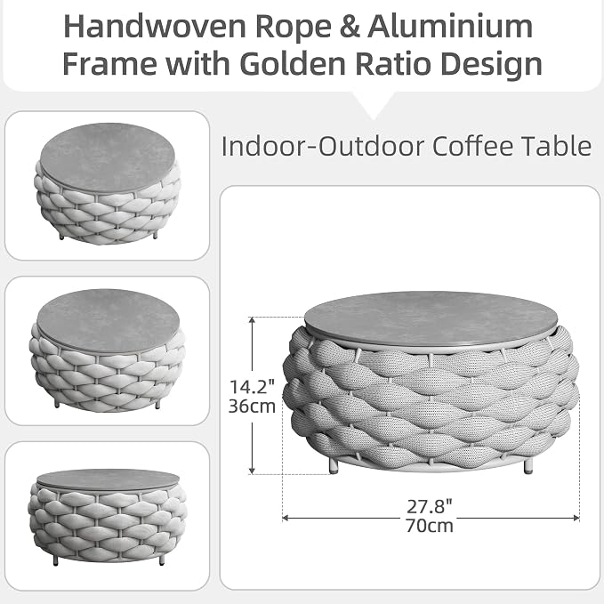 Round Coffee Table for Indoor & Outdoor Use, Aluminum Patio Furniture with Handwoven Ropes, Weather-Resistant for Garden, Terrace & Poolside (Gray)