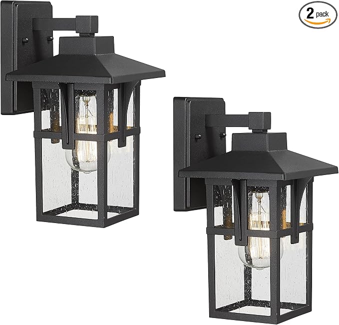 HWH INVESTMENT Outdoor Wall Light 2 Pack, Exterior Wall Sconce Light Fixtures with Seeded Glass, Farmhouse 1-Light Porch Light Waterproof for Patio Balcony Indoor, Matte Black, 5HX62B-2PK BK