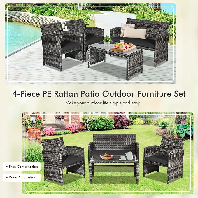 Outdoor Conversation Set, 8 Pieces Wicker Patio Furniture Set with Ergonomic Curved Design, Patio Chair Set with Water-Resistant Cushion & Tempered Glass Table for Balcony,Porch (Black)