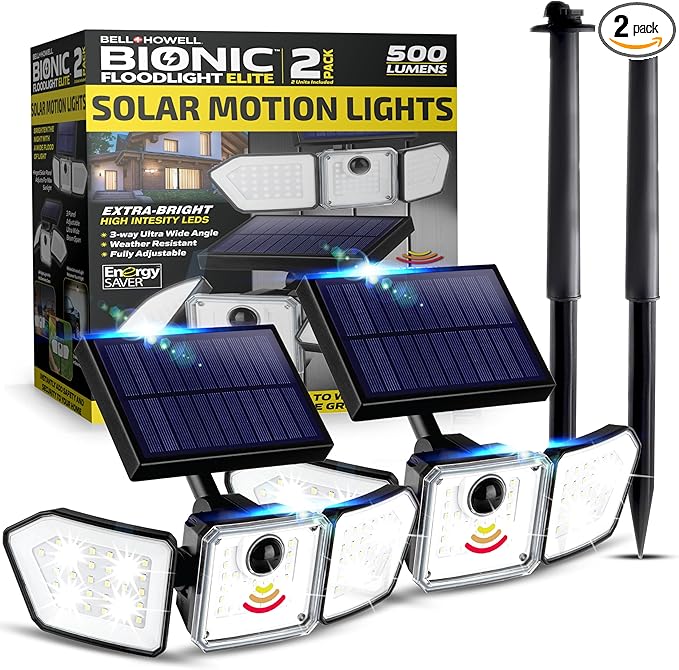 Bell+Howell 2 Pk Bionic Solar Flood Lights Outdoor Motion Sensor | 500 Lumens, Wireless, Waterproof Security Lights for Outside House, 3 Adjustable Heads, Stakes & Mountsing Hardware Included
