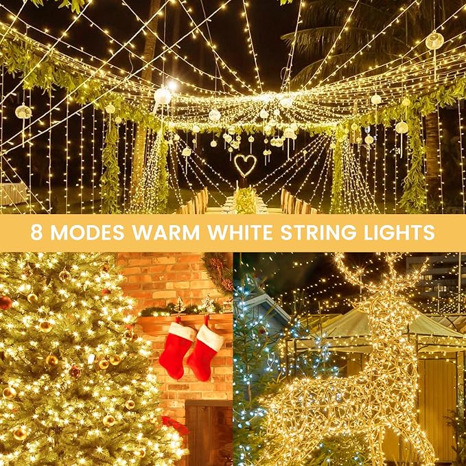 2 Pack 100 LED Battery Operated String Lights, 8 Modes Twinkle Fairy Lights | 33FT Warm White Christmas Lights Indoor Outdoor, Waterproof Battery Lights for Bedroom Party Porch Tree Holiday Decorations