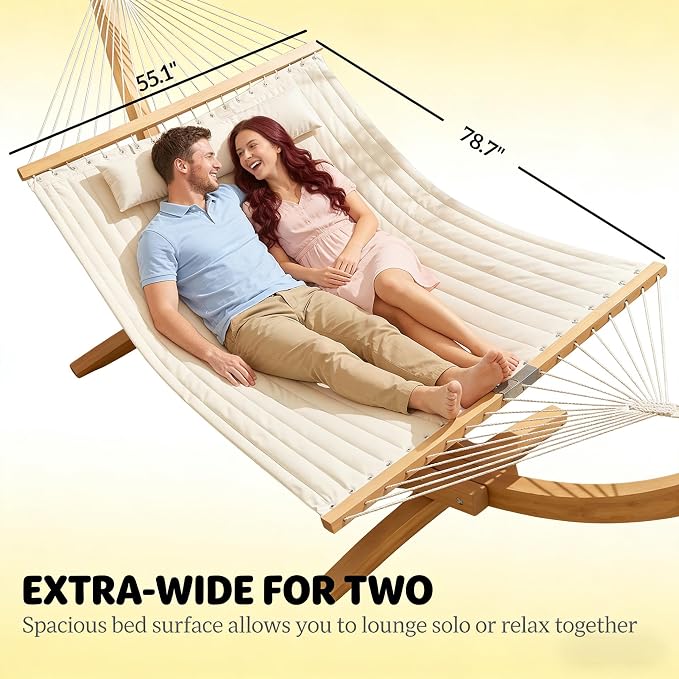 Outdoor Double Hammock with Hardwood Spreader Bars, 440 lb Capacity Patio Hammock, for Patio, Backyard, Porch, Camping & Garden, 128” x 55” (Cream White)