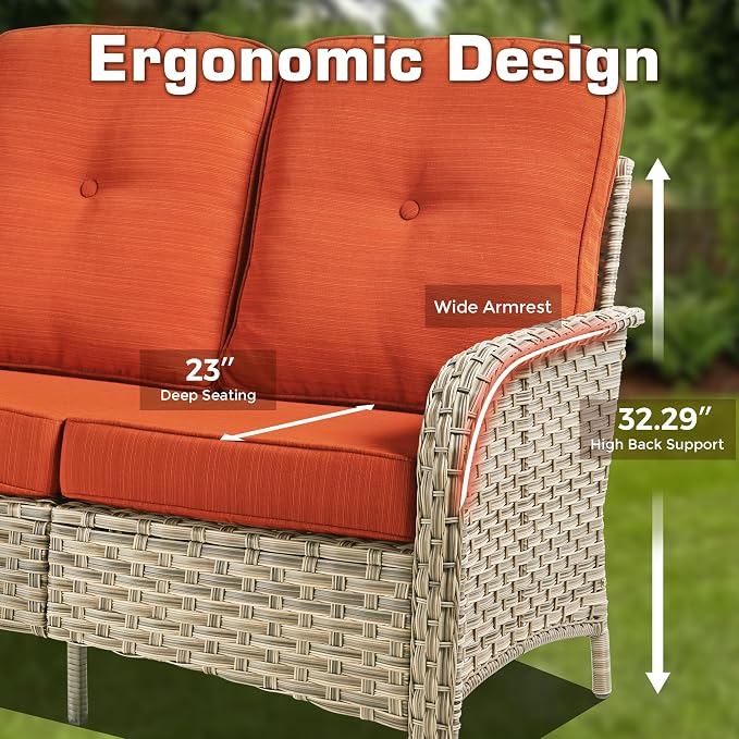 7-Piece Outdoor Patio Furniture Set with Ottomans 3 Seater Couch,All Weather Wicker Rattan Patio Seating Sofa and Chair Set with Ottomans,Outdoor Conversation Sets for Porch Deck Yard,Red