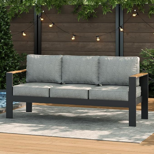 LayinSun Aluminum Outdoor Furniture Set 3 Seat Sofa, Outside Patio Deep Seating Conversation Set with Upgraded Washable Thick Cushion