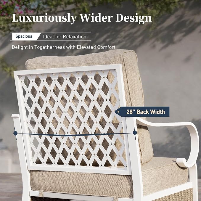 SUNSHINE VALLEY 4 PCS Metal Outdoor Patio Furniture Set, Patio Conversation Set 1 3-seater Sofa, 2 Rocking Chairs with 5.75" Extra Thick Cushion and Coffee Table, White Frame Backyard Furniture, Beige