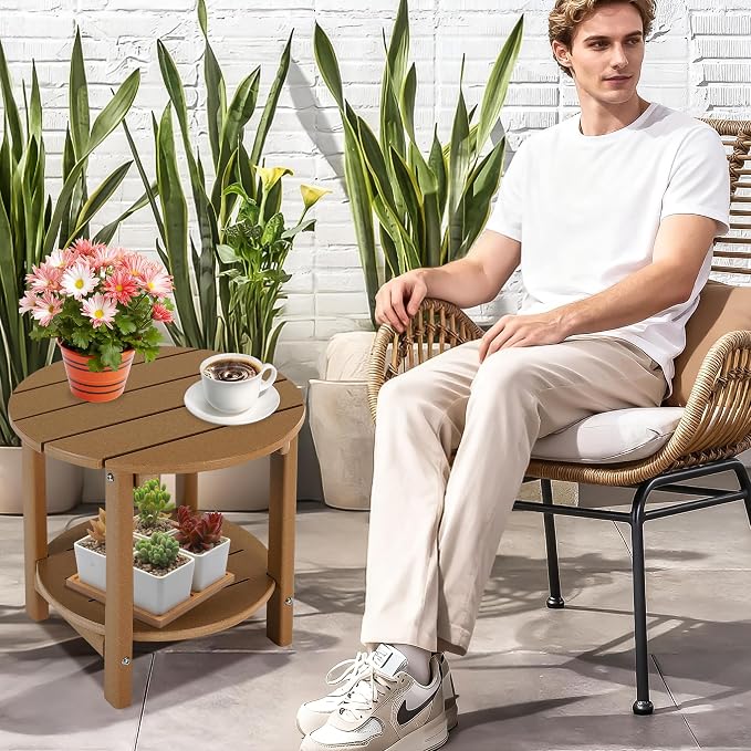 LZRS Adirondack Side Table Double End Table, Outdoor Coffee Tables for Patio, Backyard,Pool, Indoor Companion, Easy Maintenance & Weather Resistant(Teak)