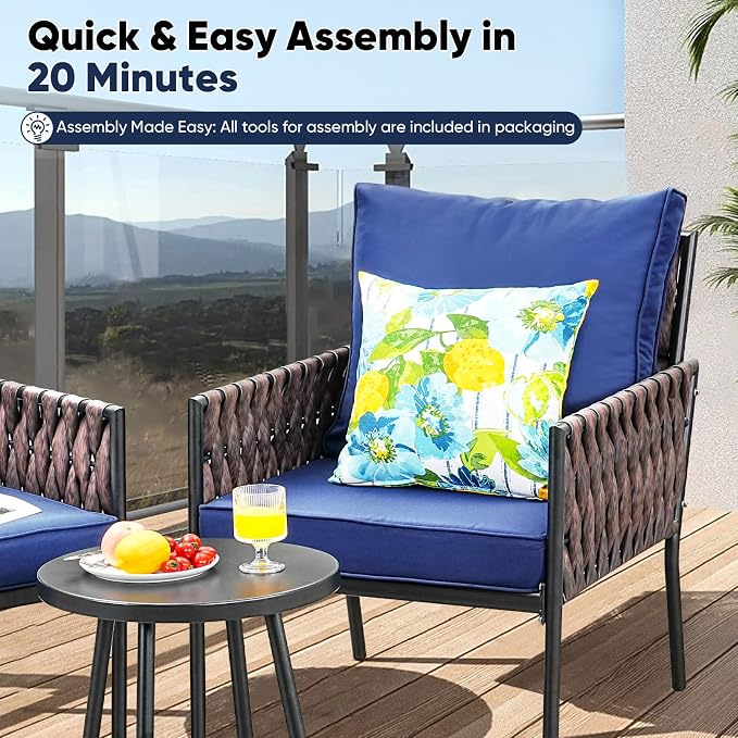 JOYURE 3-Piece Patio Furniture Set, Armchairs with Coffee Table,Modern Wicker Outdoor Conversation Set with Waterproof Thick Cushion for Deck,Backyard,Porch,Navy