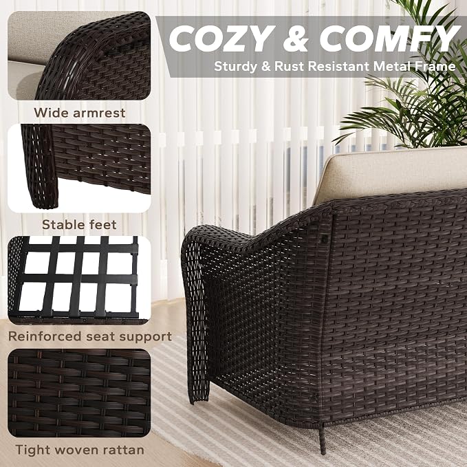 Patio Sectional Couch Set | 55" 2-seat Patio Sofa with 2 Ottomans, Outside Wicker Sofa with Removable Cushions for Bistro, Deck Outdoor Conversation Furniture Set (Beige)