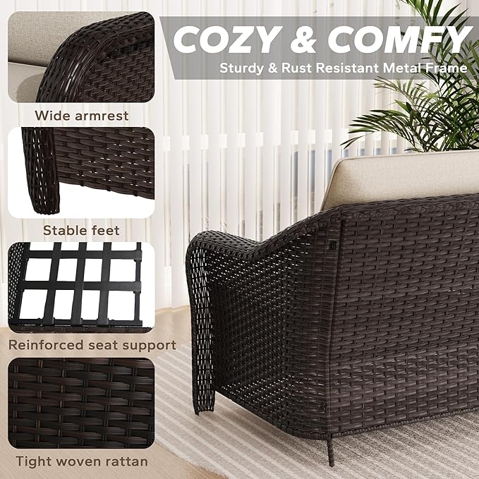 Outdoor Sectional Couch Set | 78" 3-Seat Couch with 2 Ottomans, Patio Conversation Furniture Set, Outside Wicker Furniture with Washable Cushions (Beige)