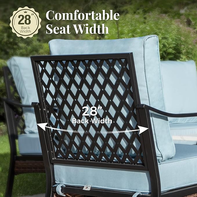 MIXPATIO Patio Furniture Set with Fire Pit Table, Metal Outdoor Conversation Set with 5.75'' Extra Thick Cushion, 2 Swivel Chairs, 2 Leg Chairs, 3-Seat Sofa and Gas Fire Pit Table, Blue