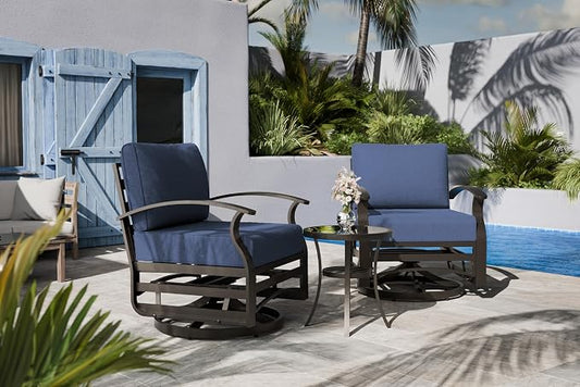 Outdoor Patio Furniture Set, 3 Piece Aluminum Metal Chairs Swivel Rocker, Overstuffed Washable Cushions Bistro Set for Porch, Balcony, Deck, Garden Navy