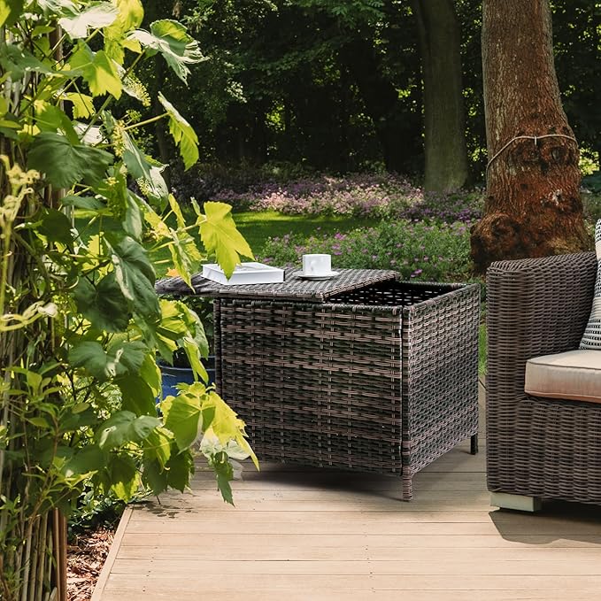 21" Patio Rattan Wicker Side Table,27 Gallon Small Outdoor Rattan Storage Bin,Wicker Side Table,All-Weather Outdoor Storage Box,with Lid,for Garden Porch Deck Backyard (Brown)