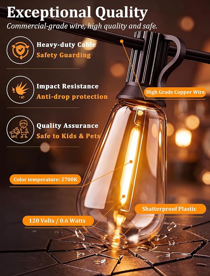 30FT Outdoor String Lights, Waterproof Patio Lights with 10 S14 & 9 ST38 LED Bulbs, Connectable Vintage Edison String Lights for Garden, Bistro, Backyard, Umbrella, Porch Decor - Black Wire