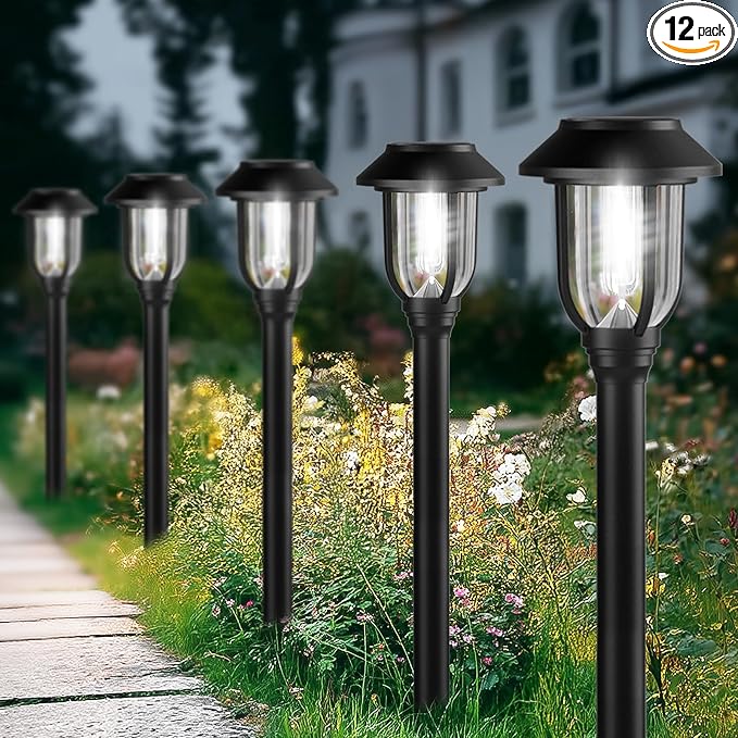ILANCK 12 Pack Solar Lights Outdoor, 6000K Bright Solar Pathway Lights for Outside, Auto On/Off Waterproof Solar Powered,Landscape Lighting for Walkway, Yard, Path, Driveway, Garden