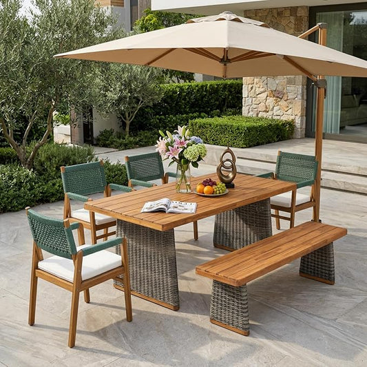 Christopher Knight Home 6-Piece Outdoor Dining Set, Acacia Wood Patio Table with Grey Wicker Bench and 4 Green Wicker Armchairs, Teak Finish, Beige Cushions, Backyard Garden Deck Furniture