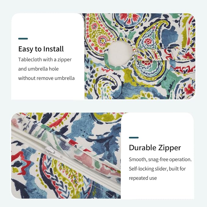 DYTXIII Outdoor Rectangle Tablecloth with Umbrella Hole and Zipper 84" x 60", Water Repellent Floral Picnic Cover, Fade & Wrinkle Resistant Tablecloth for Patio/Garden/Party Table, Paisley Paradise