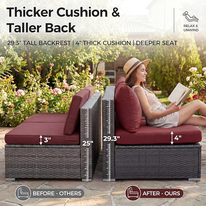 NICESOUL 13 Piece Outdoor Sectional w/Fire Pit Table, Luxury Modular Patio Furniture Set w/Chaise Lounge, Plus 29.3'' High-Back Seating Sofa, All-Weather Deck Couch for Poolside, Yard, Grey & Red