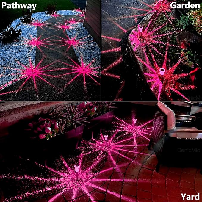 DenicMic Solar Outdoor Lights 10 Pack Pink LED Valentines/Mothers Day Decor | Garden Decor for Outside Yard Patio Flowerbed Pathway Starburst Pattern, Acrylic Diamond-like Lampshade Stainless Steel Pole
