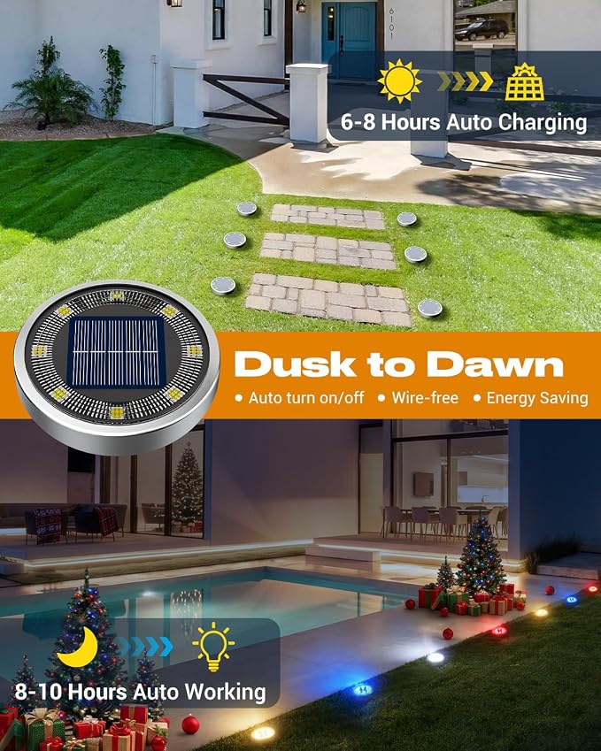 btfarm 16 Pack Solar Lights Outdoor, 8 LED Solar Ground Lights IP65 Waterproof Flat Solar Disc Light, Pathway Lights for Garden Patio Yard Christmas Decorations, Red+Blue+Cool White+Warm White