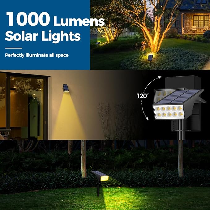 WENATY Solar Lights Outdoor Waterproof IP65, 12 Pack Spot Light, Warm White | 4 Lighting Modes, 120° Adjustable Solar Landscape Light LED Powered Solar Spotlights for Outside Yard, Garden, House, Pathway