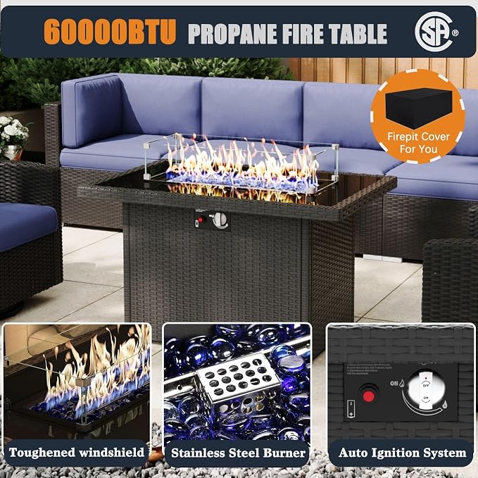 Patio Furniture Set with Fire Pit Table, 10 Pieces Outdoor All-Weather Wicker Conversation Sectional Chair Sofa Set with 2 Swivel Chairs
