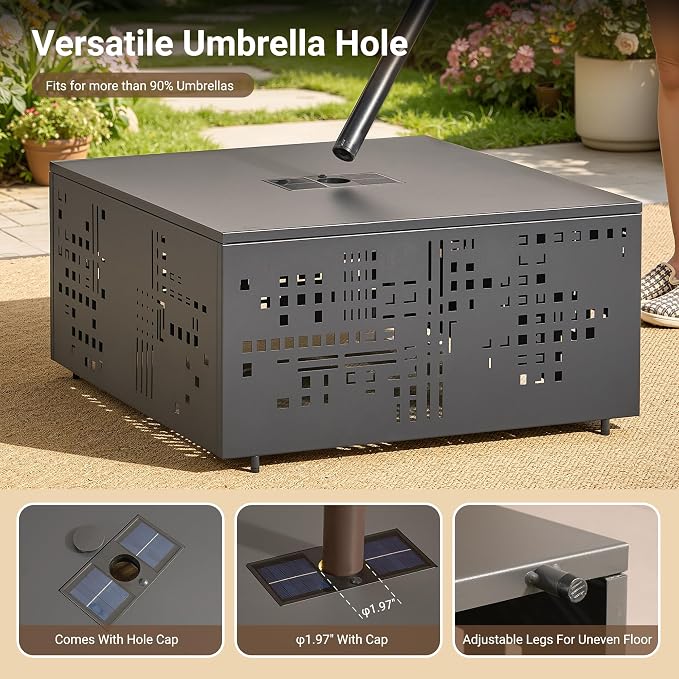 HOOOWOOO Outdoor Patio Solar Table with Umbrella Hole,Metal Coffee Side End Table,Umbrella Table with 2" Hole for Yard,Deck,Porch,Garden(Square Charcoal Gray)