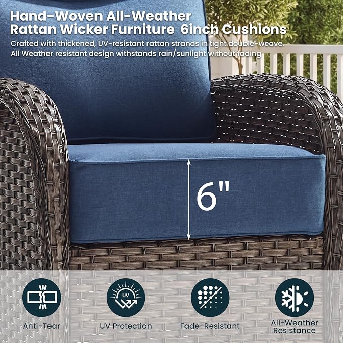Luxury 6-Inch Cushion Outdoor Swivel Rocker Patio Chairs with Side Table, High Back Wicker Patio Furniture Set for Deck Porch Garden Balcony and Poolside Blue Cushion