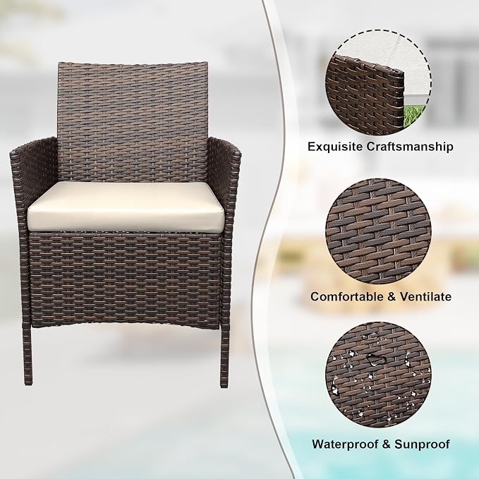 3-Piece Patio Furniture Set,Outdoor Patio Conversation Set with 2 PE Rattan Armchairs, Weather-Resistant Cushions & Tempered Glass Table,All-Weather Bistro Set for Garden, Backyard（Brown/Beige）