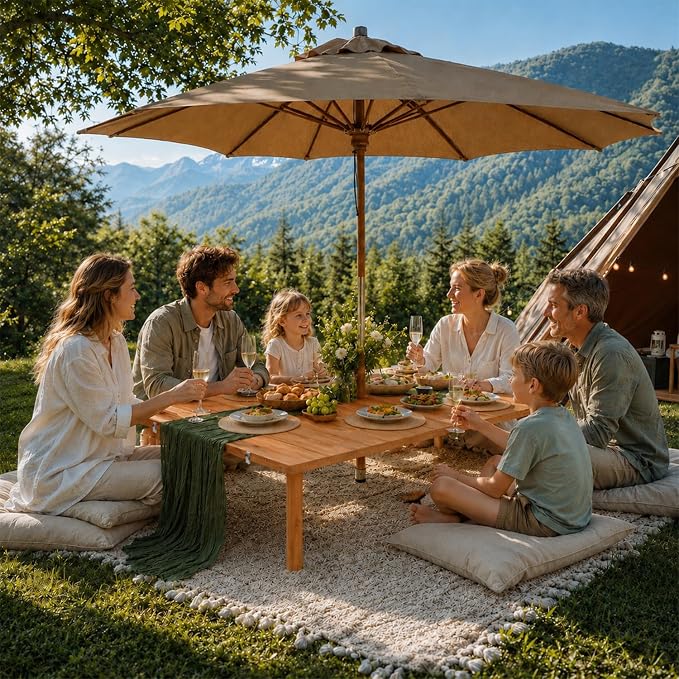 60" Folding Picnic Table with Table Runner & 6 Placemats, Solid Wood Portable Low Picnic Table for Seating 6, Wooden Foldable Table for Outdoor Camping, Beach, Boho Party, Patio (Brown)