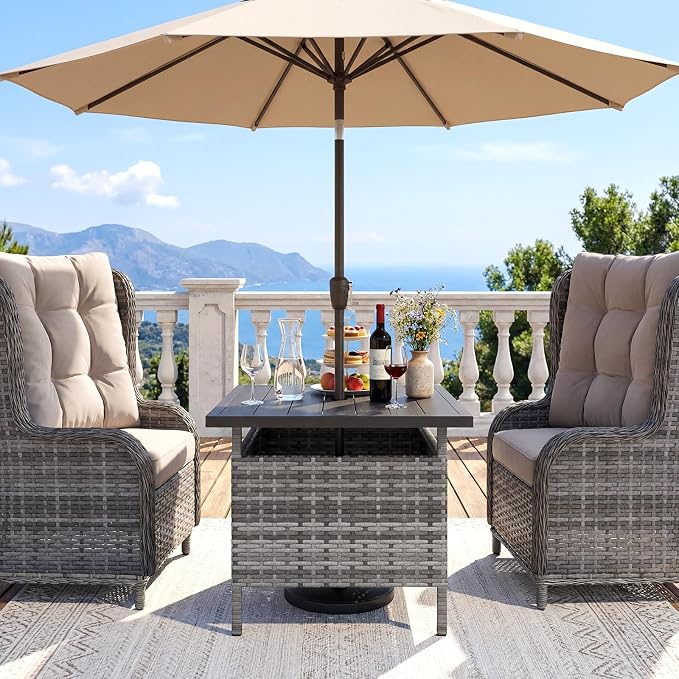 Tangkula Outdoor Wicker Table, Rattan Coffee Table with Umbrella Insert Hole, HDPE Tabletop & Sturdy Metal Frame, Patio Umbrella Side Table Stand for Backyard, Garden, Poolside (Mix Grey)